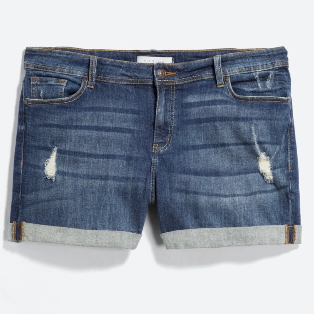 Stretchy plus size Jean shorts with light distressing & cuffed hem! Worn once.